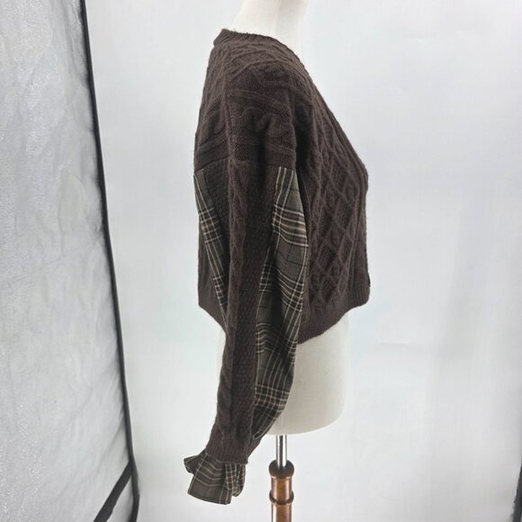 Gabby Isabella Brown Cable Knit Plaid Sleeve Button Front Cropped Cardigan Sweat - Picture 6 of 12
